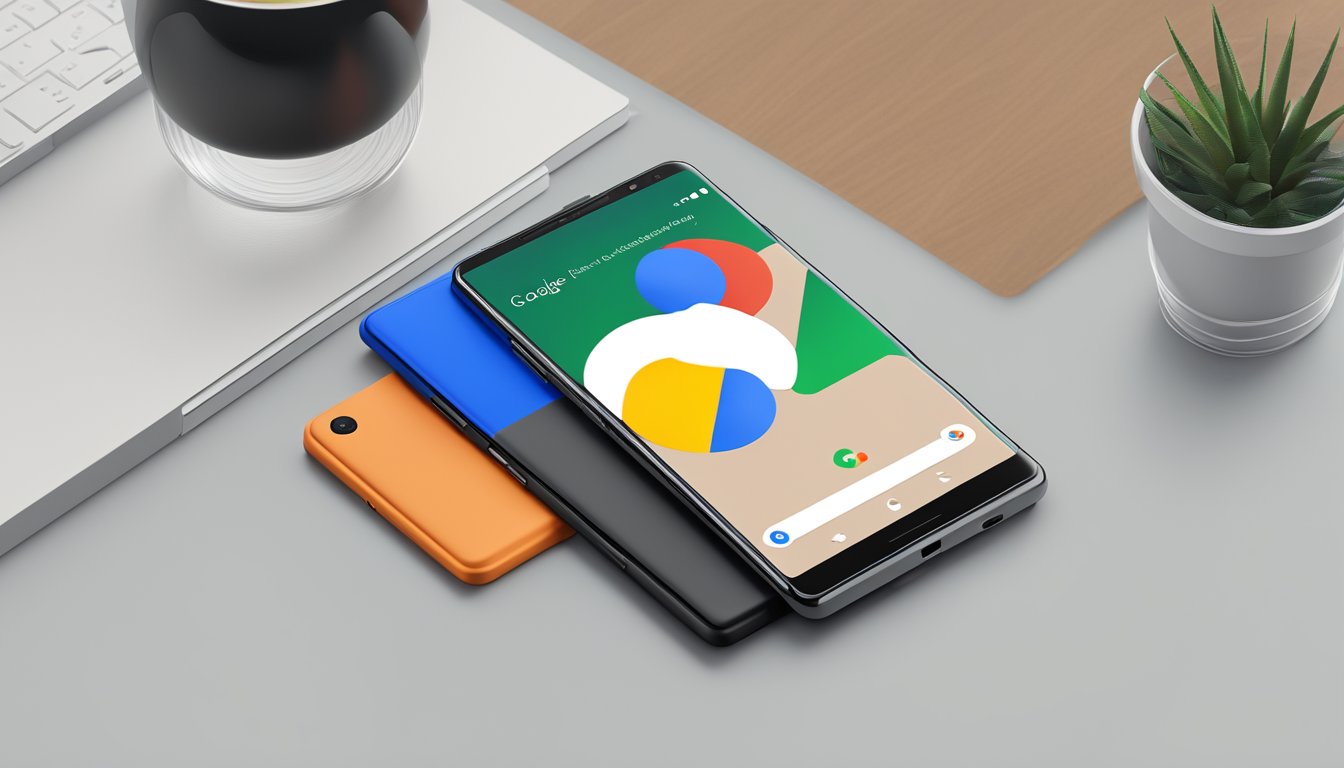 A Google Pixel 2 sits on a sleek, modern table, with the Best Buy logo in the background