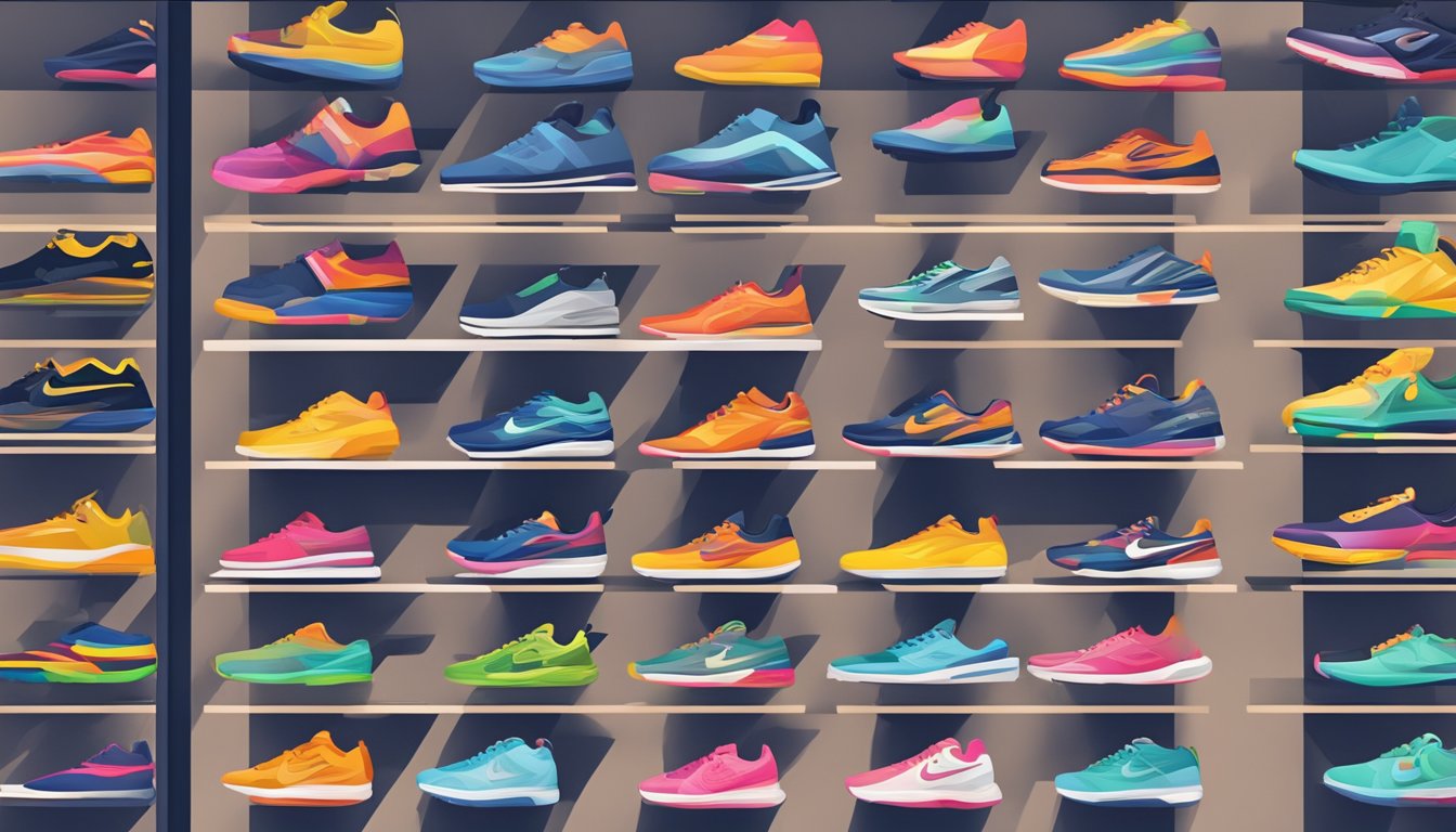 A display of various sport shoe brands in a Singapore store, with colorful and stylish designs lined up neatly on shelves