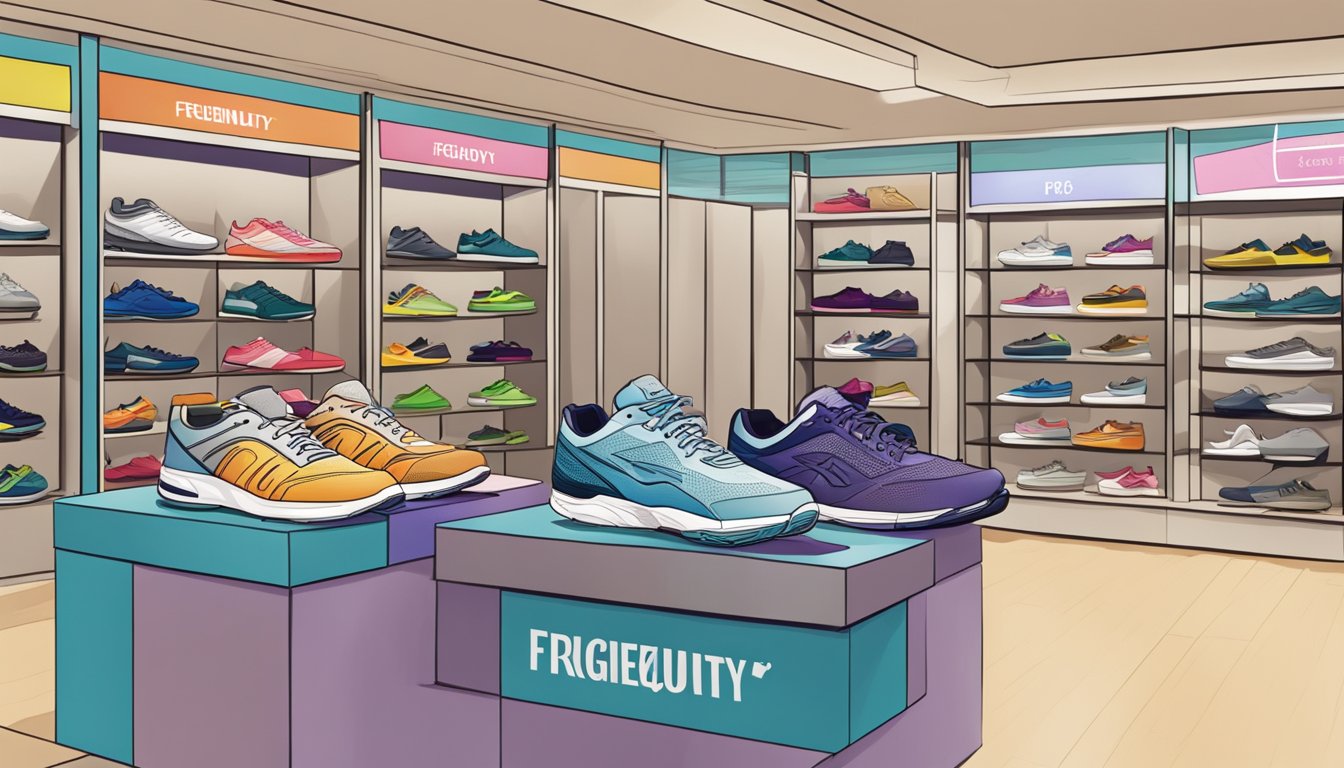 A display of sport shoes with "Frequently Asked Questions" signage in a Singapore store