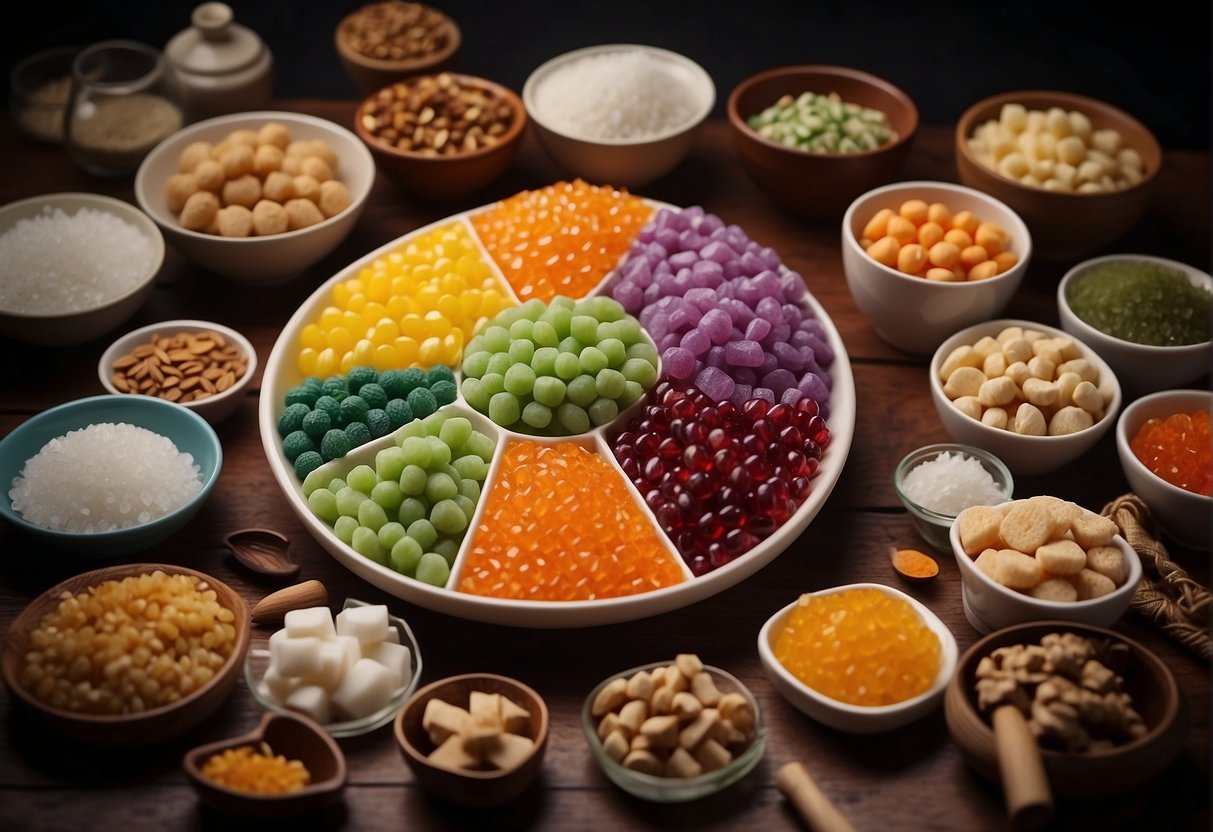 A table filled with traditional Chinese candy ingredients and tools: sugar, maltose, food coloring, molds, and a wok for cooking