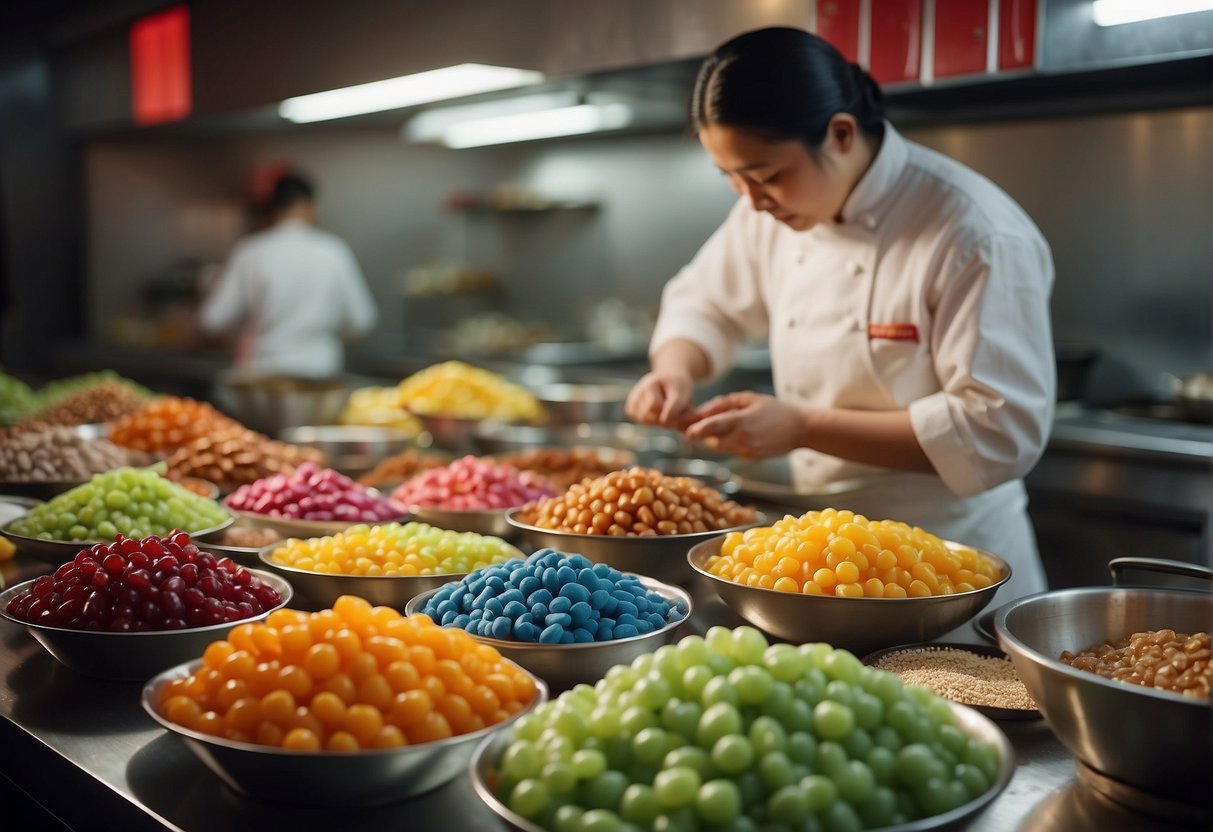 A traditional Chinese candy recipe being prepared in a bustling kitchen, with colorful ingredients and traditional cooking utensils on display