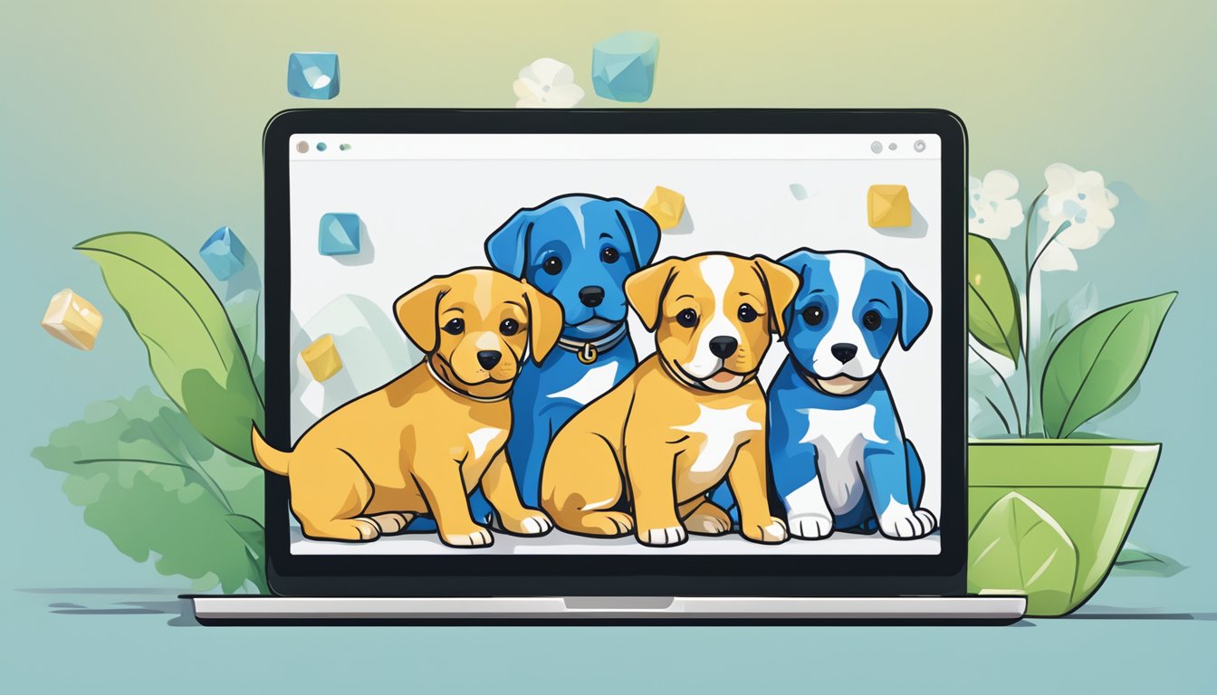 Puppies displayed on a computer screen with a "buy now" button
