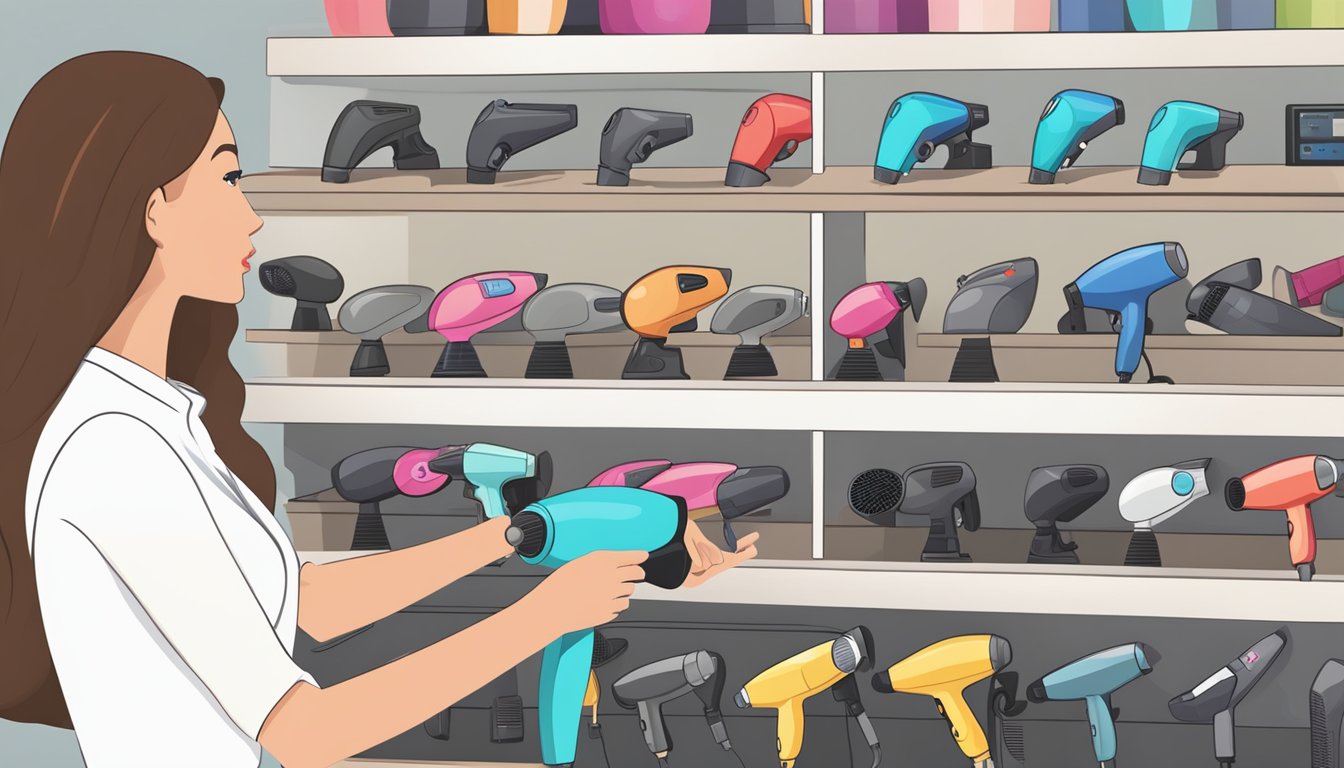 A woman selects a hair dryer from an array of options displayed on a computer screen, ready to make a purchase