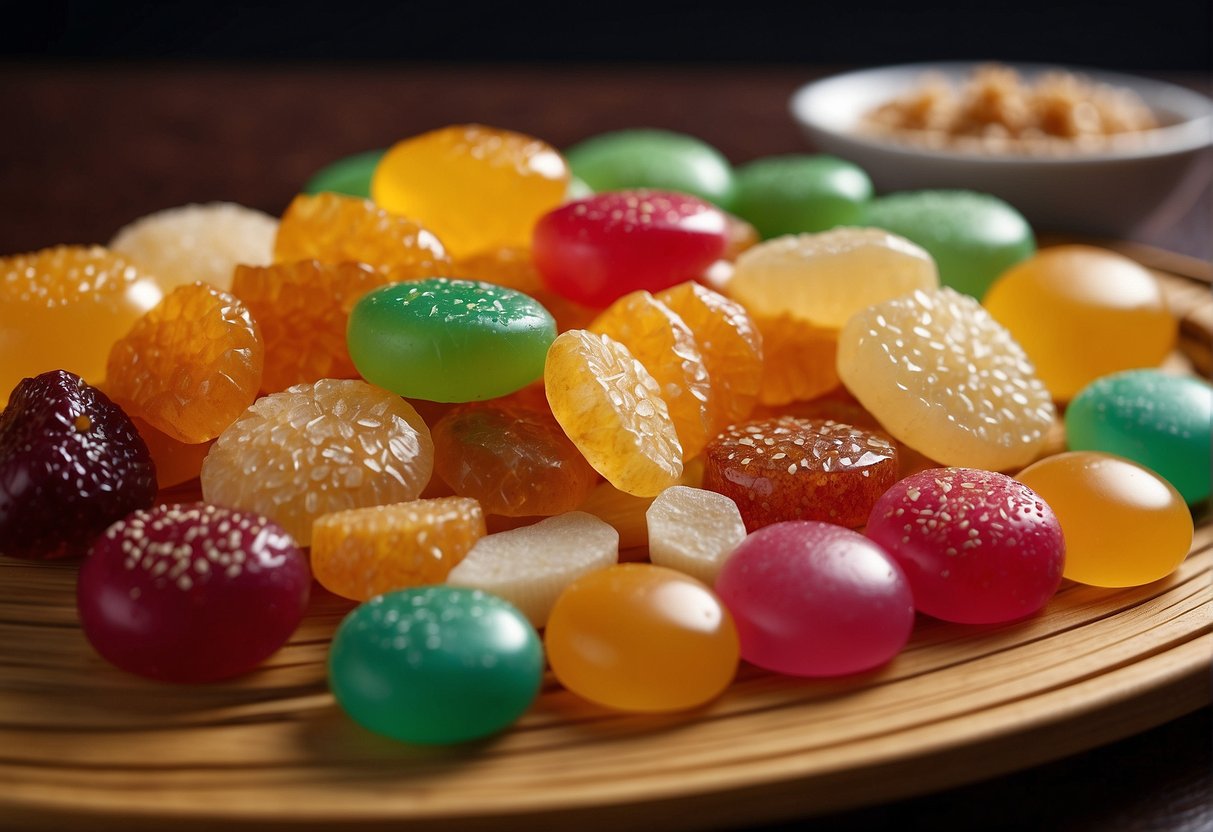 A colorful array of traditional Chinese candies displayed on a bamboo tray, including sesame brittle, hawthorn flakes, and maltose candy