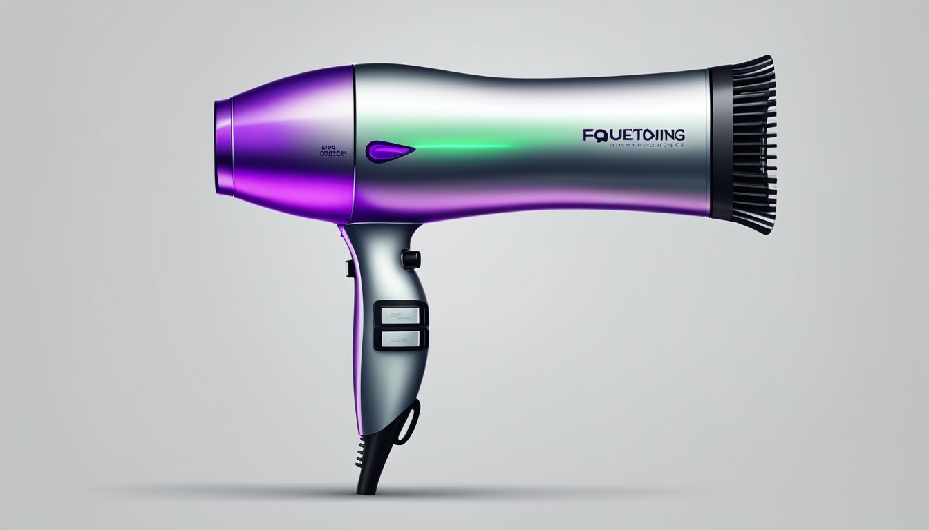 A hair dryer displayed on a clean, white background with a "Frequently Asked Questions" banner above it. The product is shown in an online shopping context