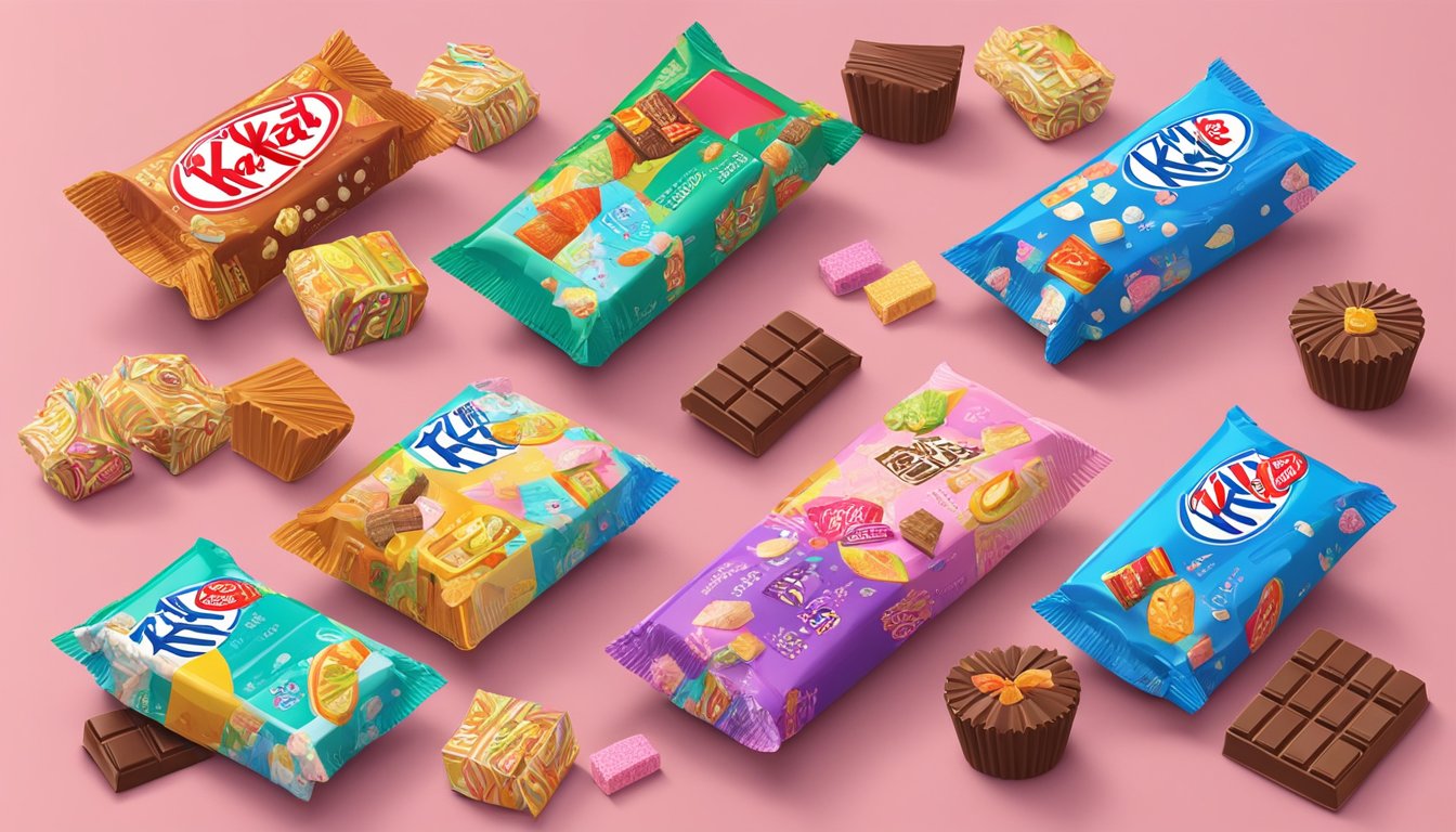 A table covered in various Japanese Kit Kat flavors, with colorful packaging and unique designs. A laptop displaying a website for purchasing Kit Kats from Japan is open nearby
