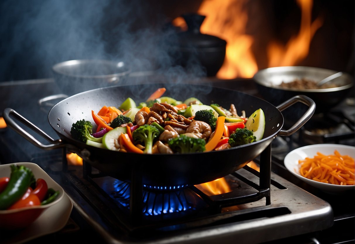 A wok sizzles with colorful stir-fried vegetables and meat, seasoned with soy sauce and oyster sauce, emitting fragrant aromas