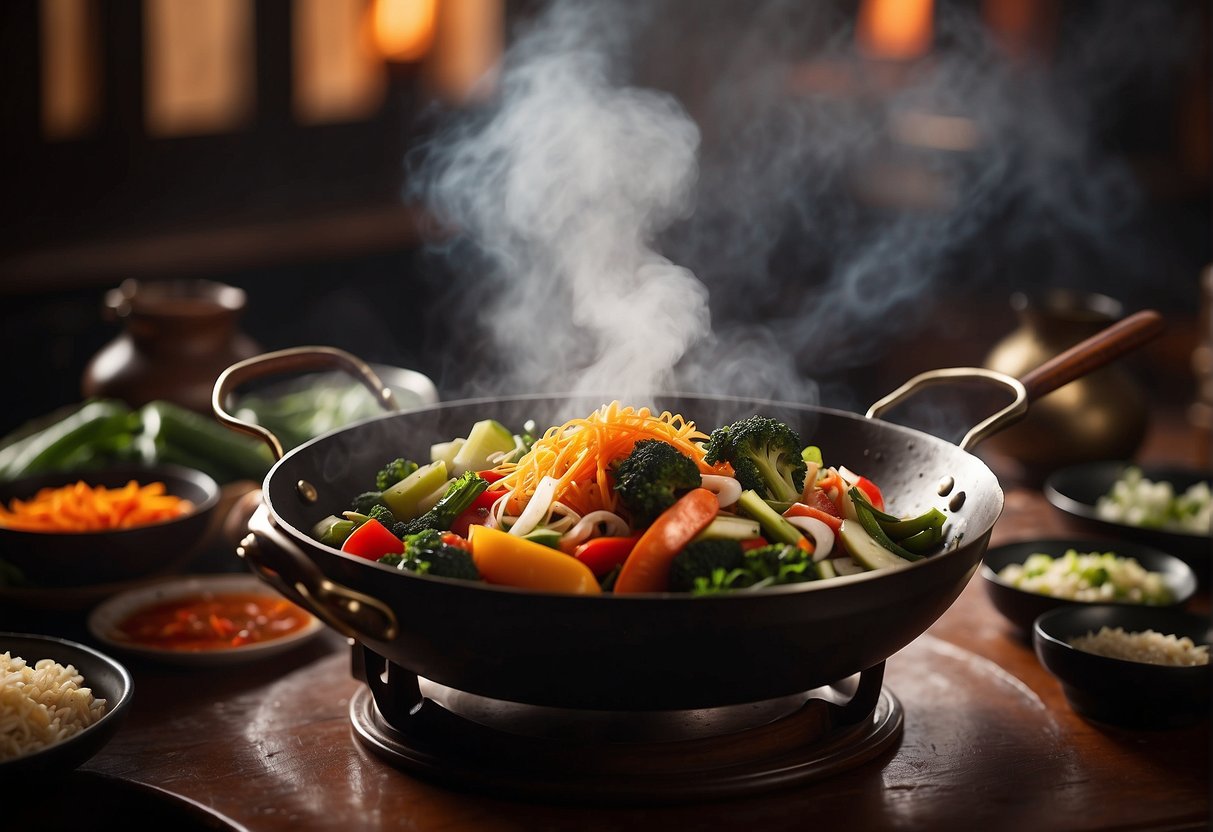A steaming wok filled with colorful vegetables and savory sauce, surrounded by traditional Chinese cooking utensils and a backdrop of historical Chinese artwork