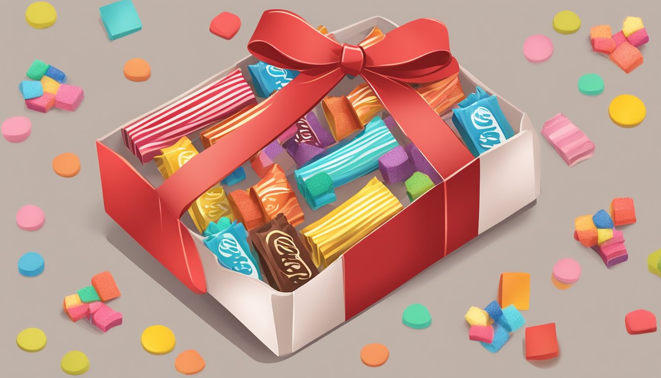 A hand selects Japanese Kit Kats from an online store and places them in a gift box with a bow