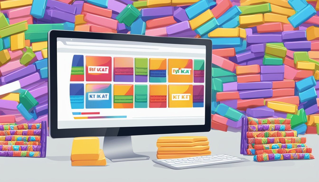 A computer screen displaying a website with the title "Frequently Asked Questions buy kit kat from japan online" and a colorful image of Kit Kat bars