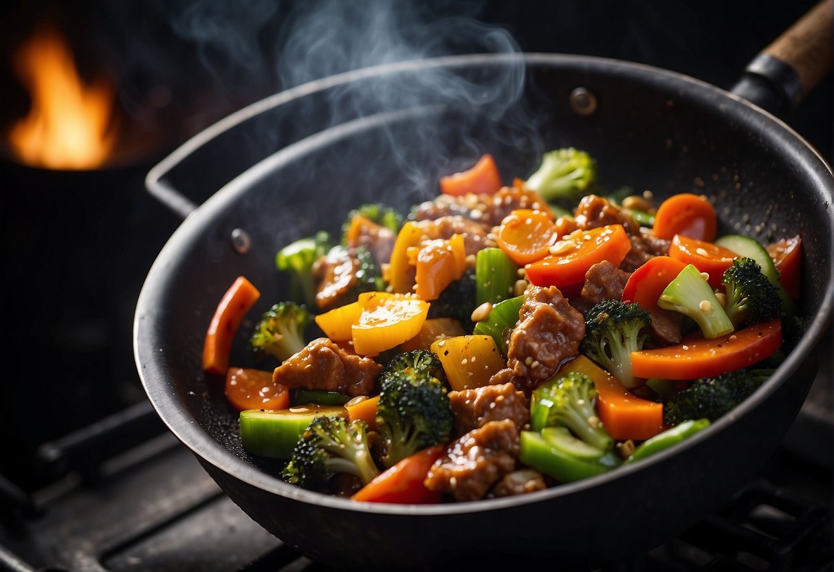 A wok sizzles with colorful stir-fried vegetables and tender chunks of meat, tossed in a savory sauce, emitting a tantalizing aroma