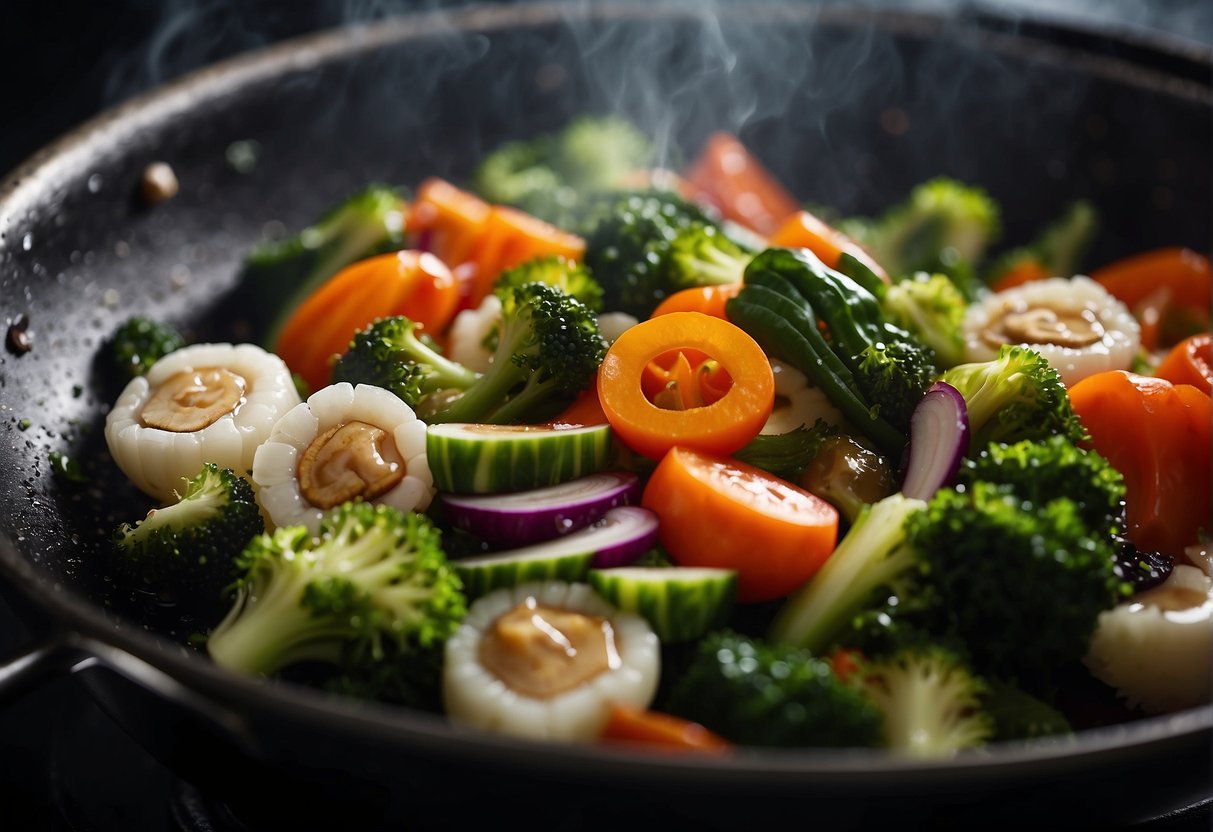 Vegetables being stir-fried in a wok with precision and speed. Soy sauce and oyster sauce being added for flavor. Aromatic steam rising