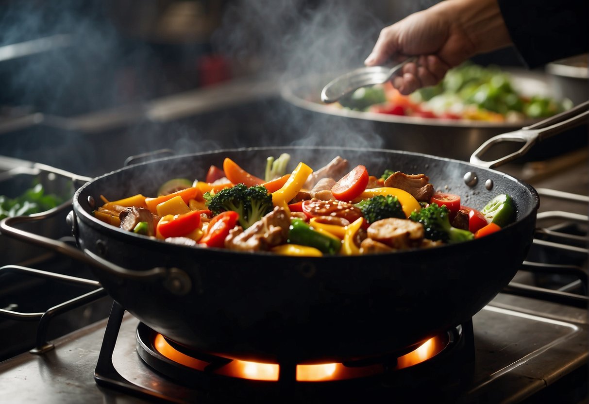 A wok sizzles with colorful vegetables and savory meats, simmering in a fragrant sauce. Steam rises as the chef stirs the Chinese capcay, a tantalizing aroma filling the air. Leftover containers stack neatly nearby, ready
