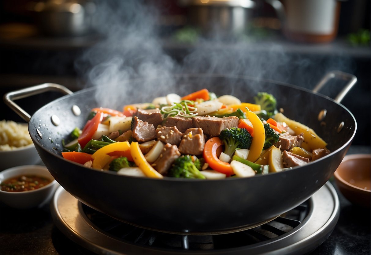 A steaming wok sizzles with colorful stir-fried vegetables and savory chunks of meat, emitting a tantalizing aroma of garlic and ginger