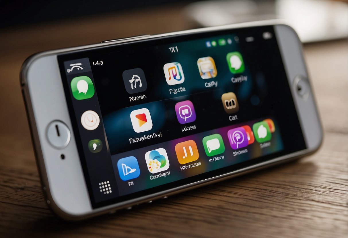 An iPhone screen displays the Apple CarPlay app. A USB cable connects the iPhone to a car's infotainment system. The car's display shows the CarPlay setup process