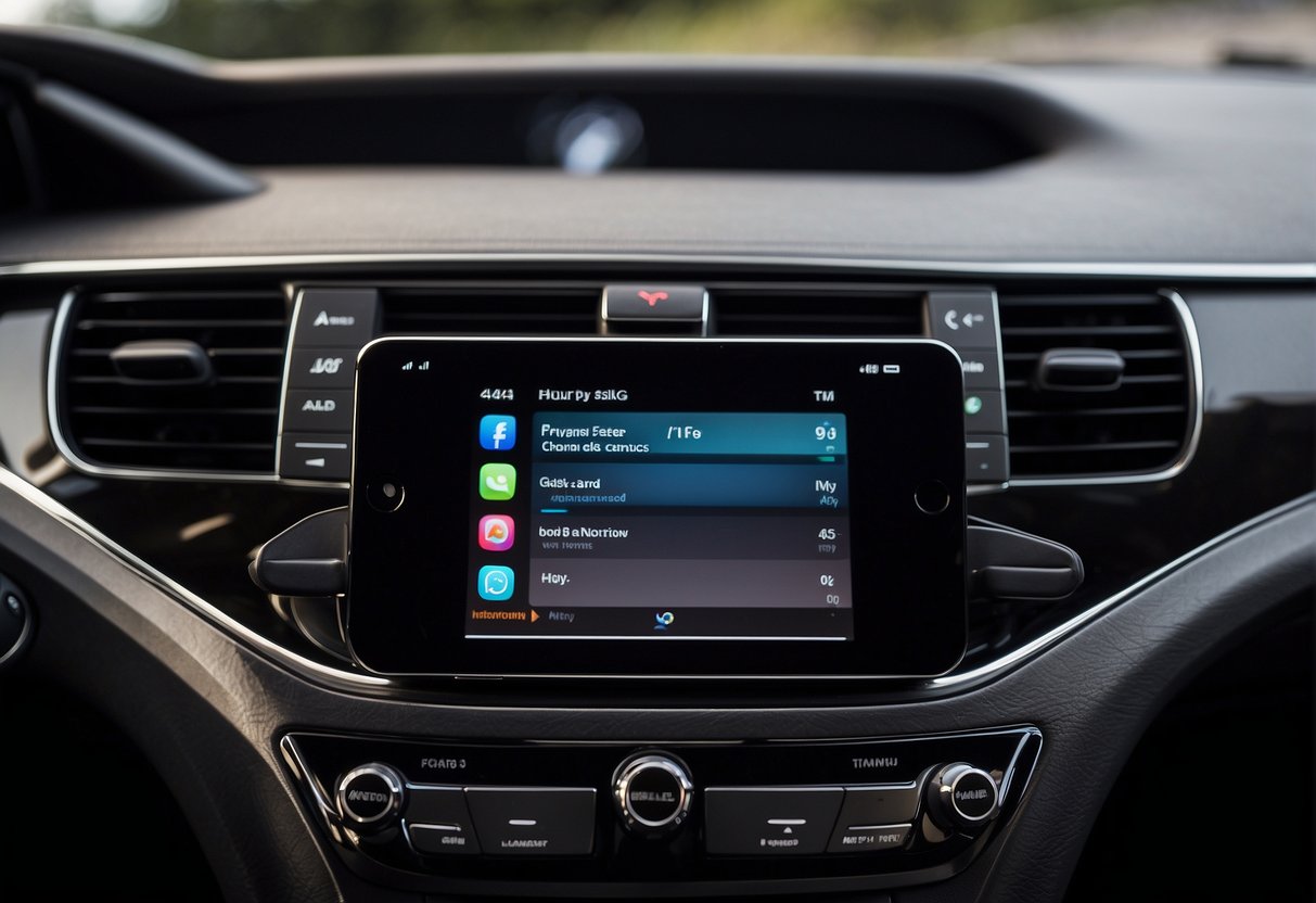 An iPhone connected to a car via USB cable, with instructions on the screen for installing Apple CarPlay