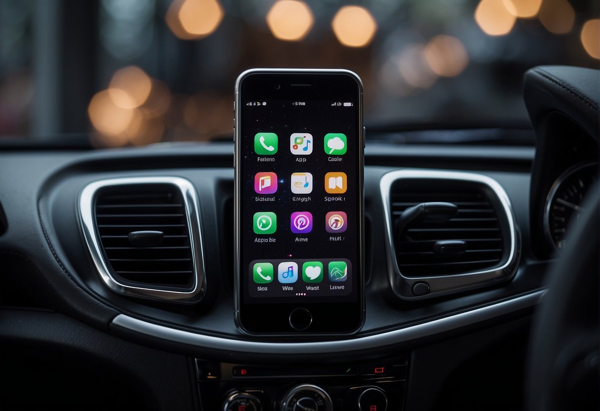An iPhone with an Apple CarPlay installation guide open on the screen, surrounded by tools and cables