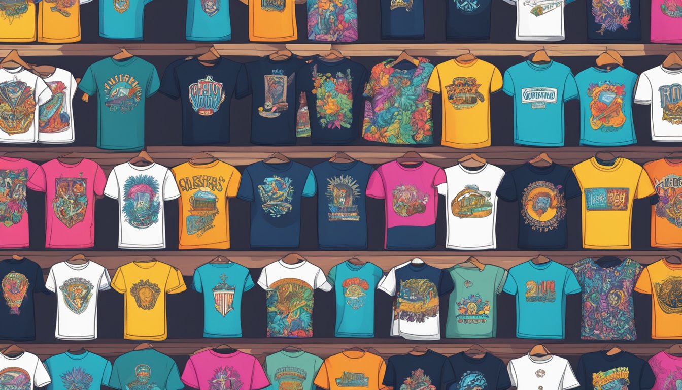 A vibrant online store display with rows of colorful rock band t-shirts, showcasing different designs and logos