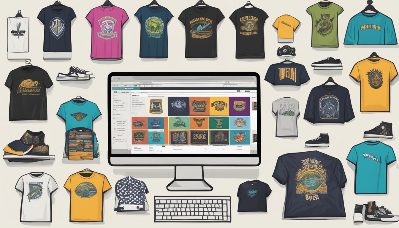 A computer screen displaying a variety of rock band t-shirts on an online shopping website, with different sizes, colors, and designs available for purchase