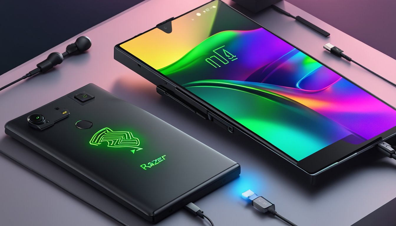 The Razer Phone is displayed on a sleek, modern table with a vibrant screen and illuminated logo, surrounded by gaming accessories