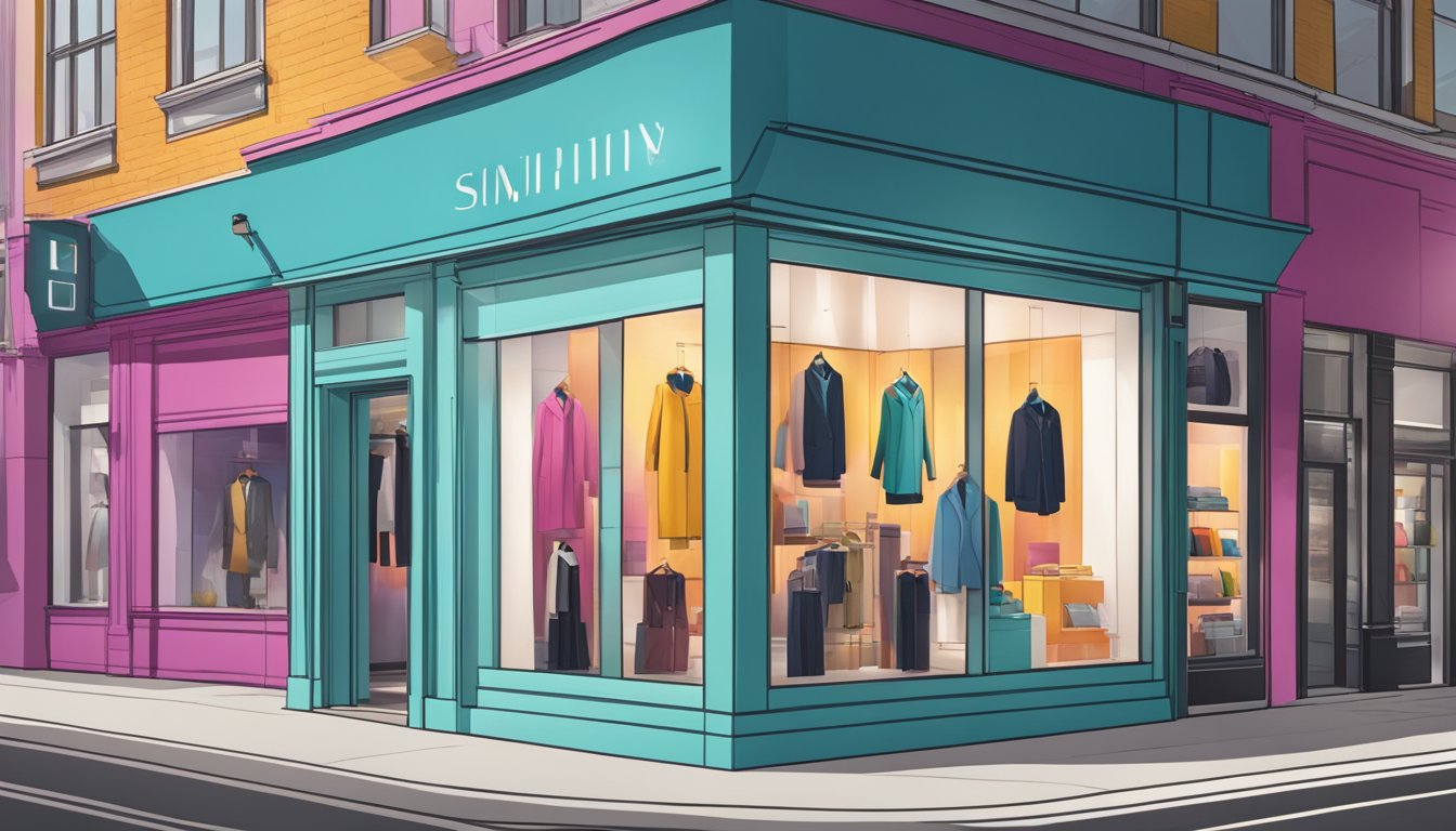 A vibrant and modern storefront with sleek, minimalist signage and bold window displays showcasing the latest clothing collection