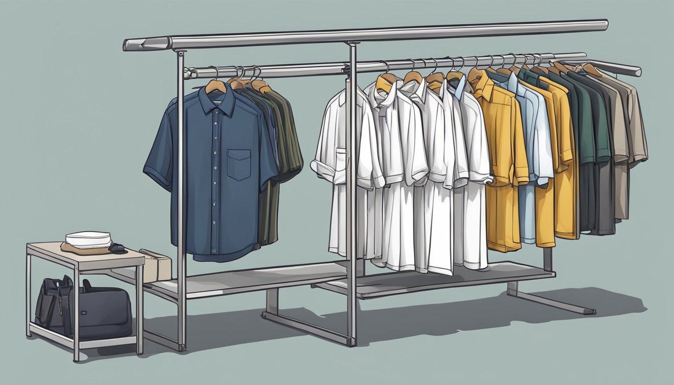 A table with neatly folded shirts, pants, and accessories. The Still Clothing Brand logo prominently displayed on a sleek clothing rack