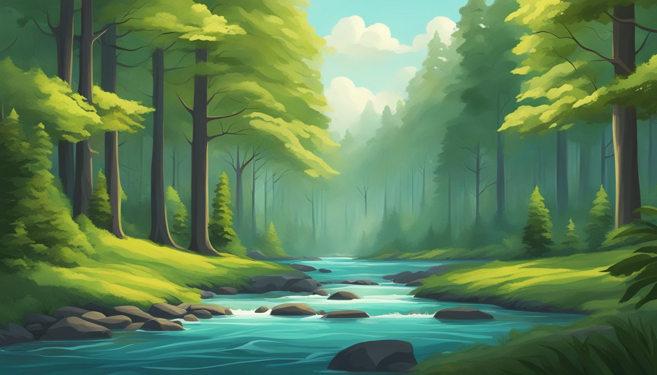 A serene forest with a flowing river, surrounded by tall trees and vibrant greenery, symbolizing the timeless and natural essence of the still clothing brand