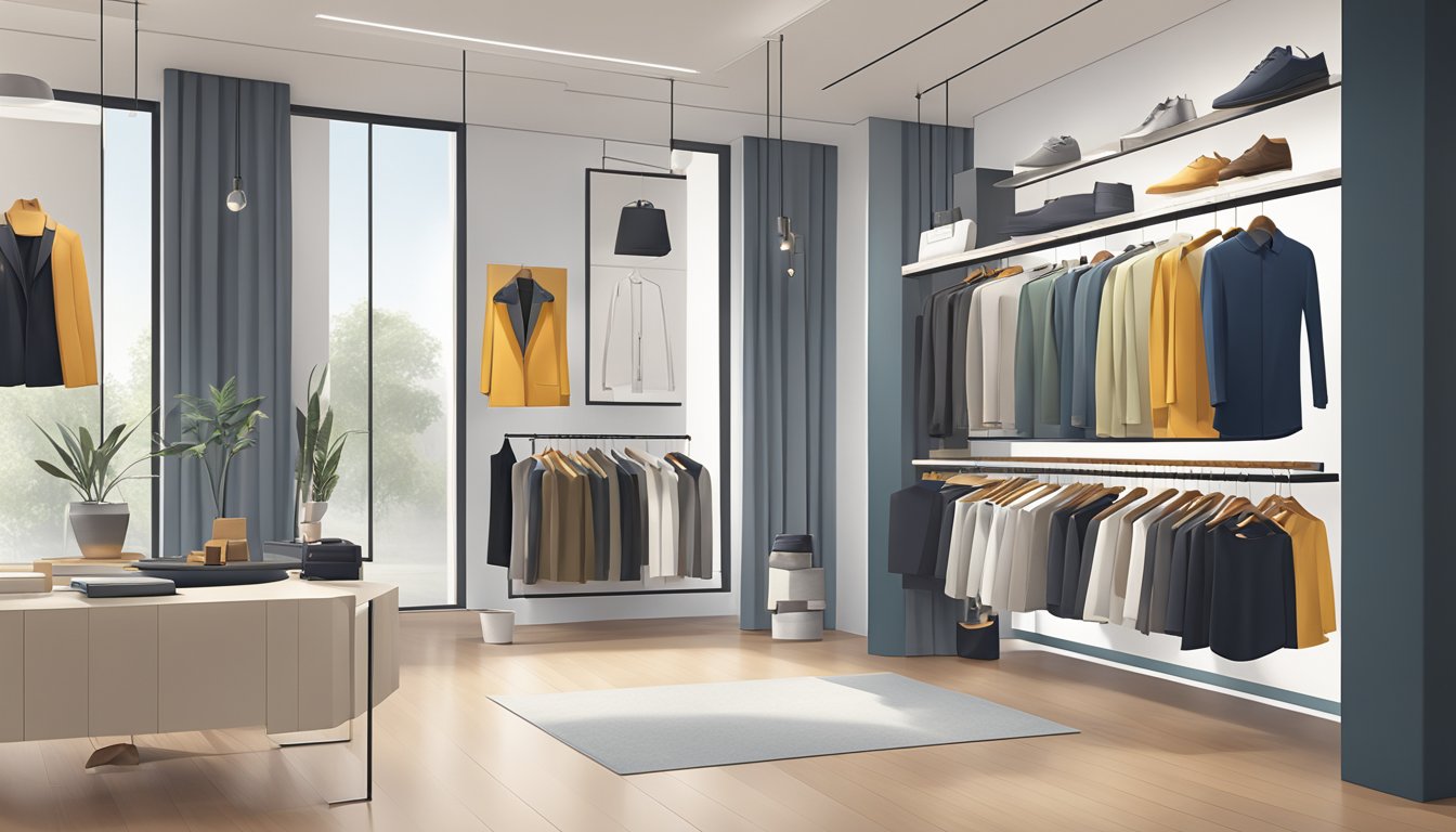 A display of modern, minimalist clothing items in a sleek and sophisticated retail space