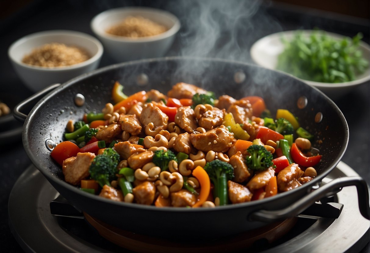 A wok sizzles with stir-fried chicken, cashews, and colorful vegetables in a savory sauce. A sprinkle of green onions adds a finishing touch to the aromatic dish