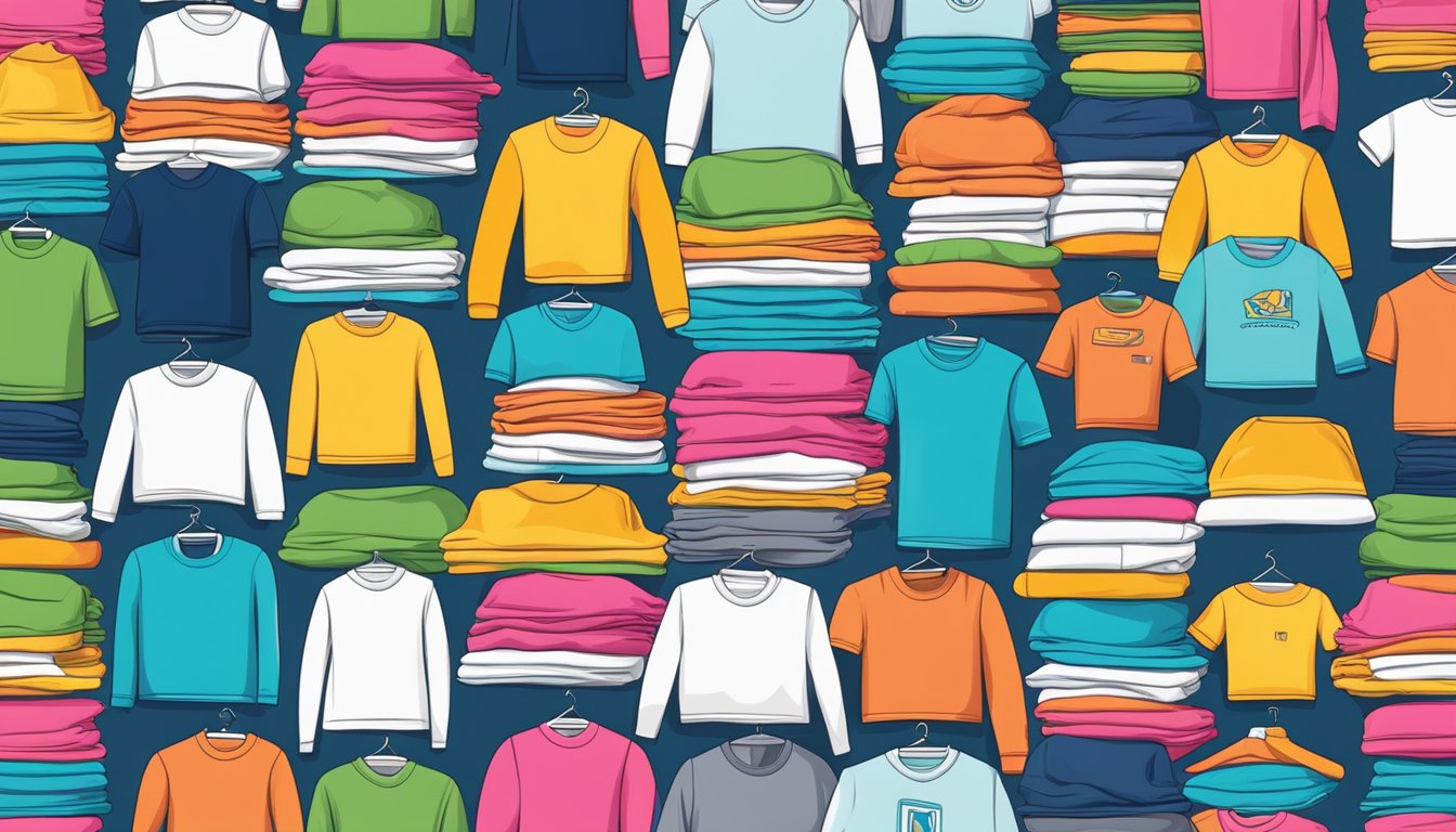 A stack of neatly folded t-shirts with the brand logo displayed prominently, surrounded by a variety of colorful clothing items and accessories