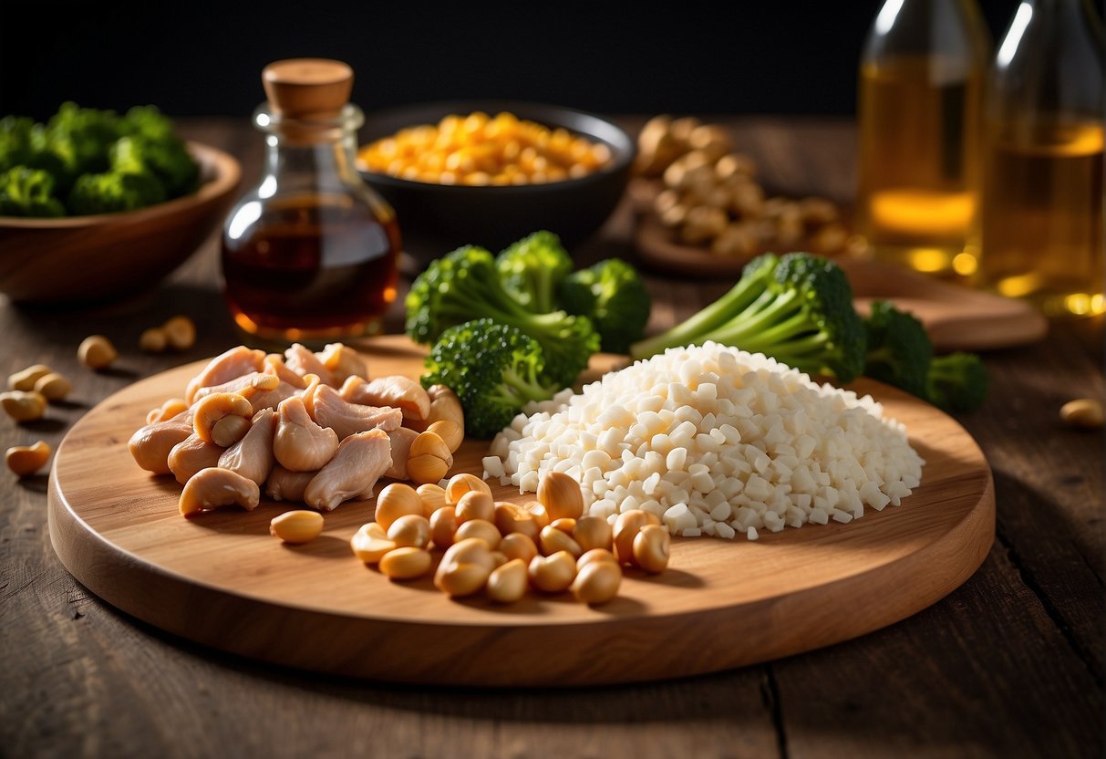 A cutting board with diced chicken, cashews, soy sauce, and vegetables, alongside a bowl of cornstarch and a bottle of cooking oil
