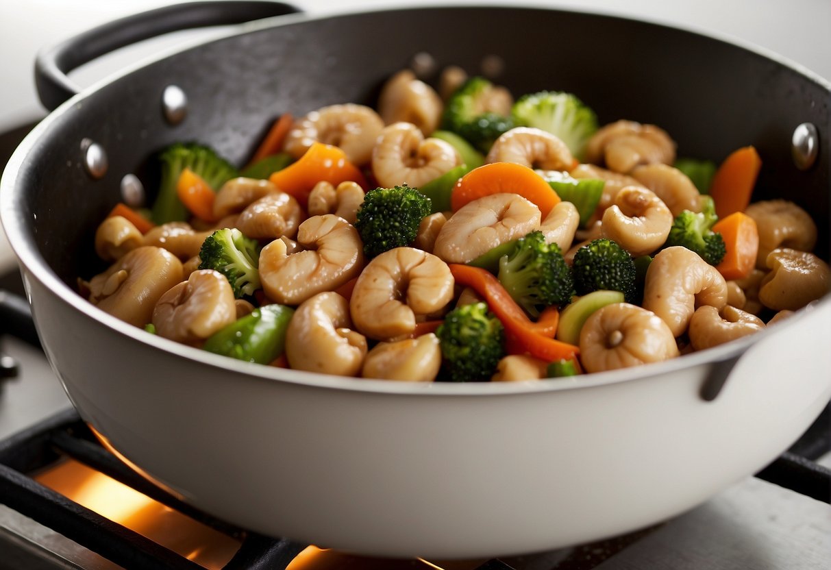 Sliced chicken, cashews, and vegetables are being stir-fried in a wok over high heat with a savory Chinese sauce