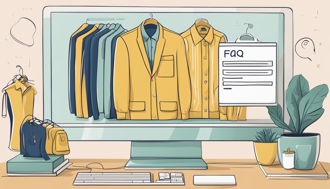 A clothing brand's FAQ page with logo, stylish garments, and customer questions on a computer screen