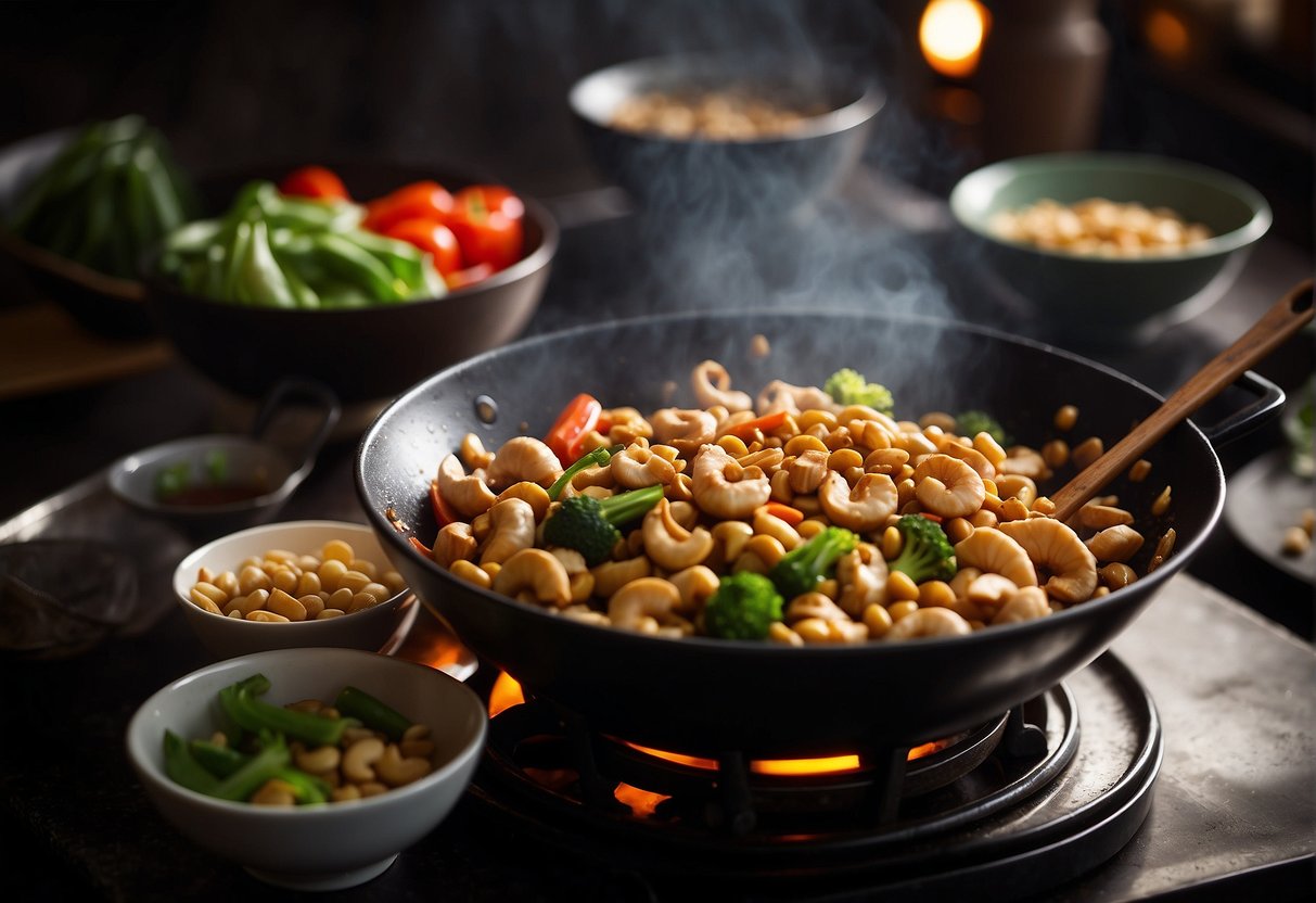 A wok sizzles as cashew chicken simmers in a savory soy sauce. Fresh vegetables and crunchy cashews wait nearby