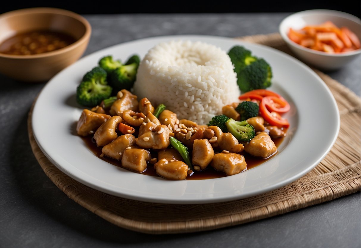 A plate of Chinese cashew chicken with steamed rice, stir-fried vegetables, and a side of soy sauce