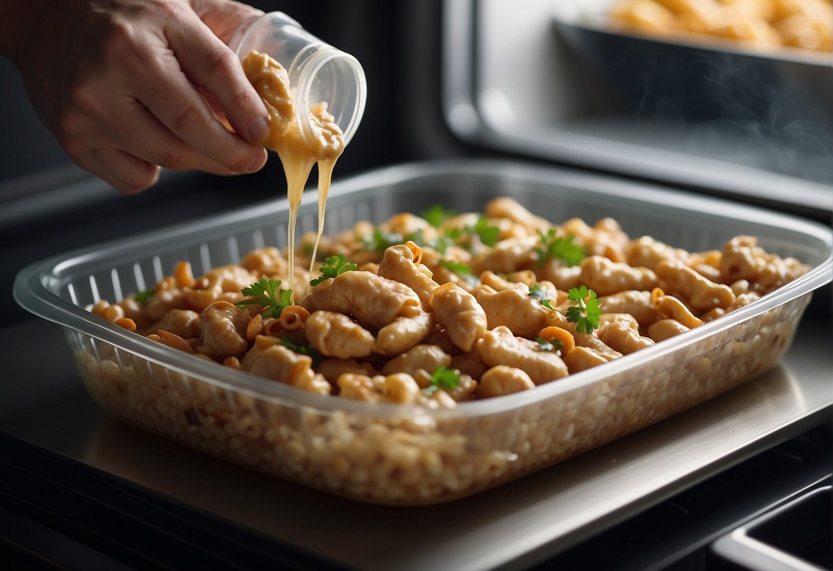 A hand pours leftover Chinese cashew chicken into a plastic container. The container is then placed in the microwave for reheating