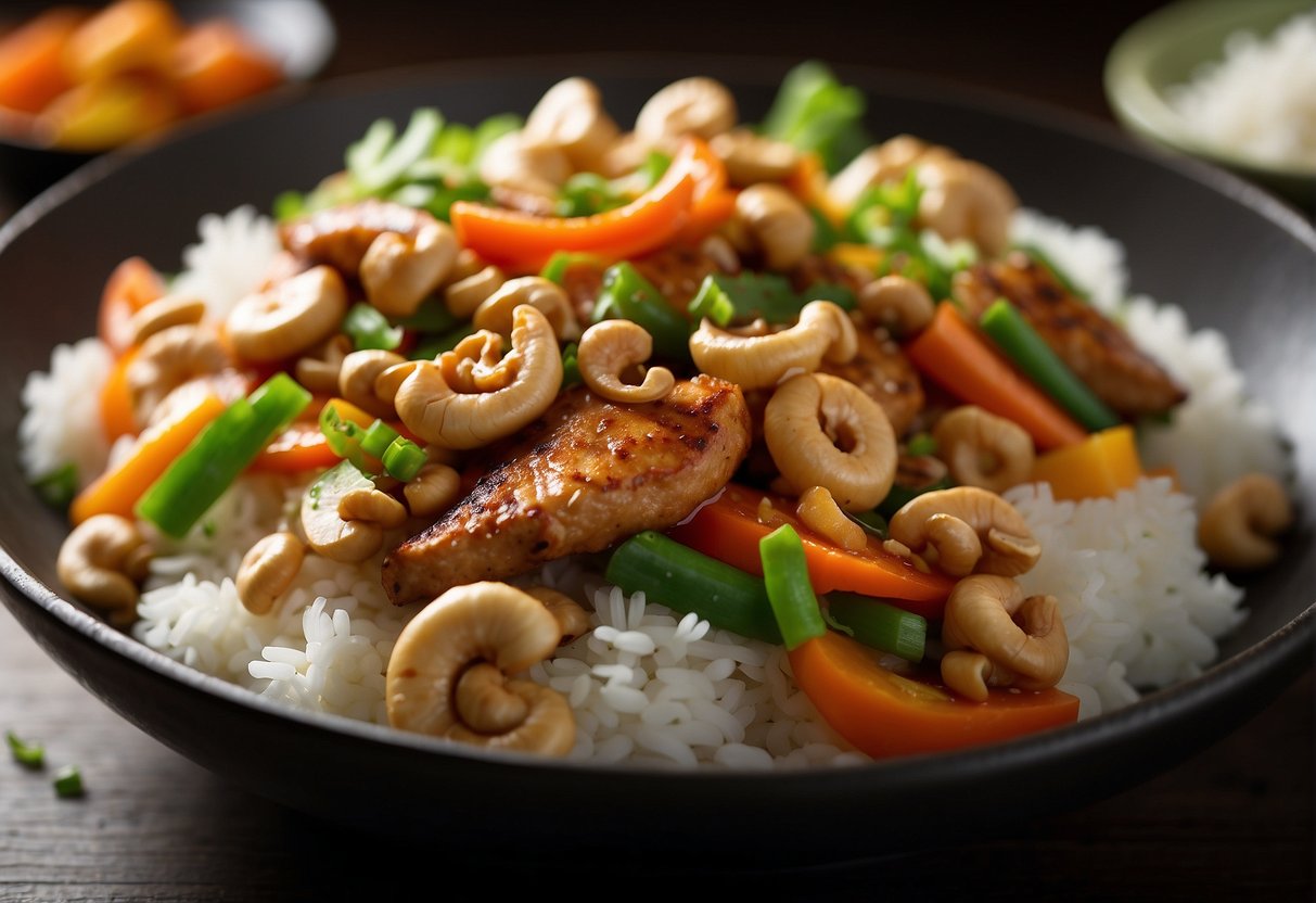 A sizzling wok tosses marinated chicken, cashews, and vibrant vegetables in a fragrant ginger-garlic sauce. Steam rises as the dish is garnished with green onions and served over a bed of fluffy white rice