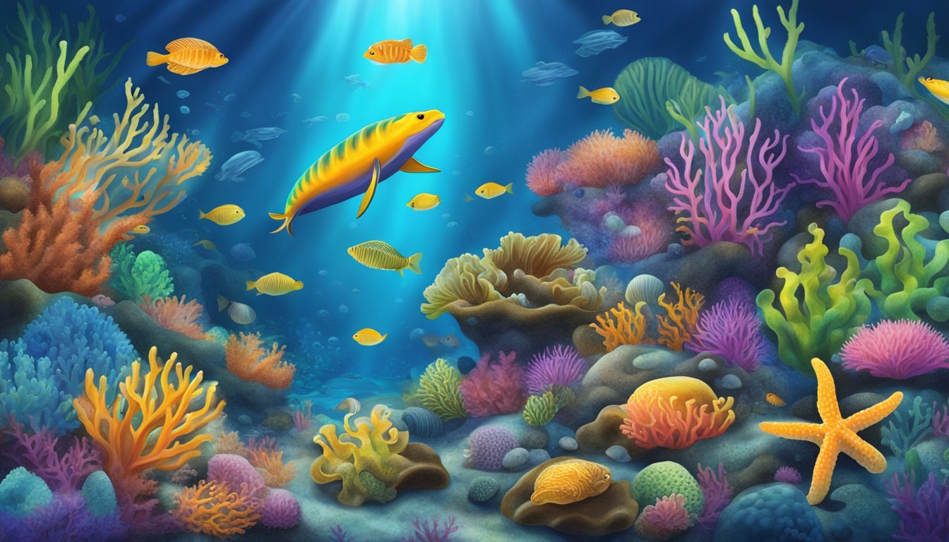 A vibrant underwater scene with colorful sea cucumbers and marine life, showcasing the beauty and diversity of the ocean floor