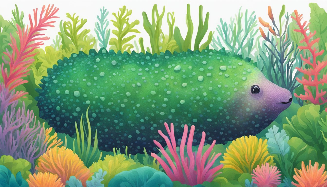 A sea cucumber lies on a bed of vibrant green seaweed, surrounded by colorful underwater flora. The text "Health Benefits and Nutritional Value buy sea cucumber online" is displayed in bold letters above the scene