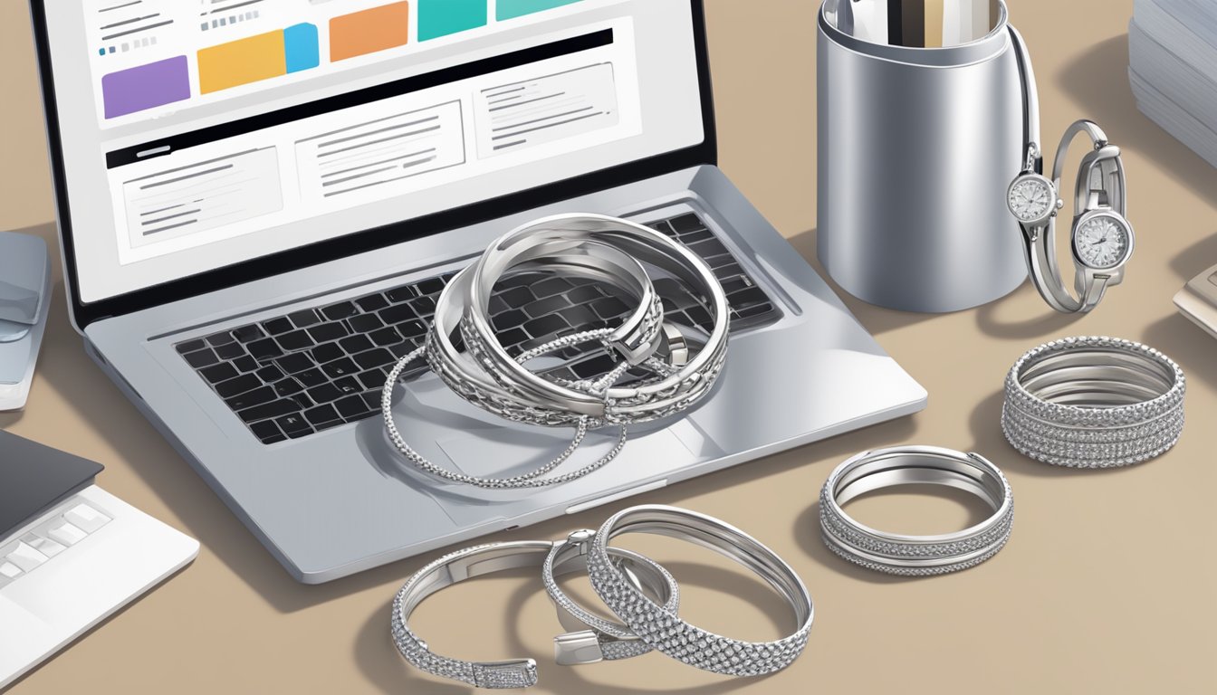 A laptop open to a webpage titled "Frequently Asked Questions buy silver bracelet online" with a stack of silver bracelets beside it