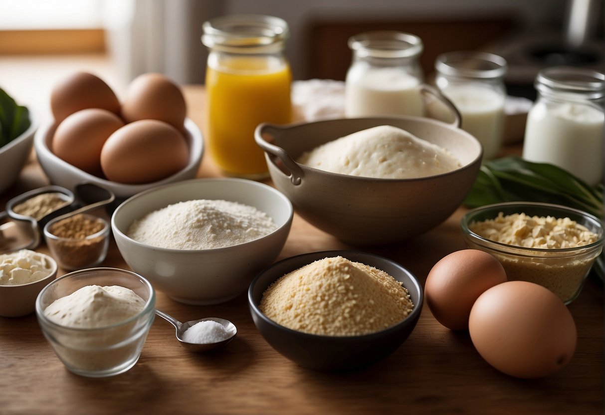 Ingredients and tools laid out on a clean kitchen counter. Cassava, eggs, sugar, and flour in bowls. Mixing spoons, measuring cups, and a baking pan ready for use