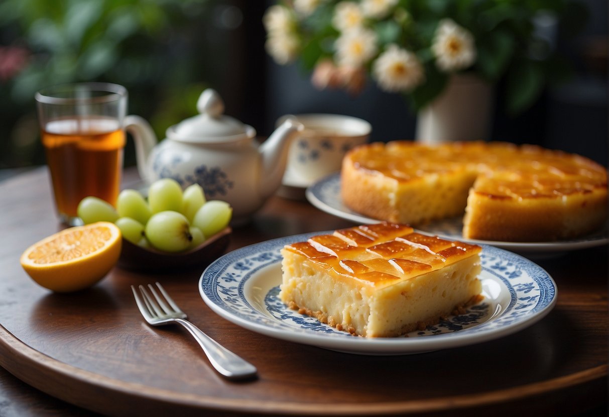 A table with a sliced chinese cassava cake on a plate, surrounded by fresh fruits and a cup of hot tea