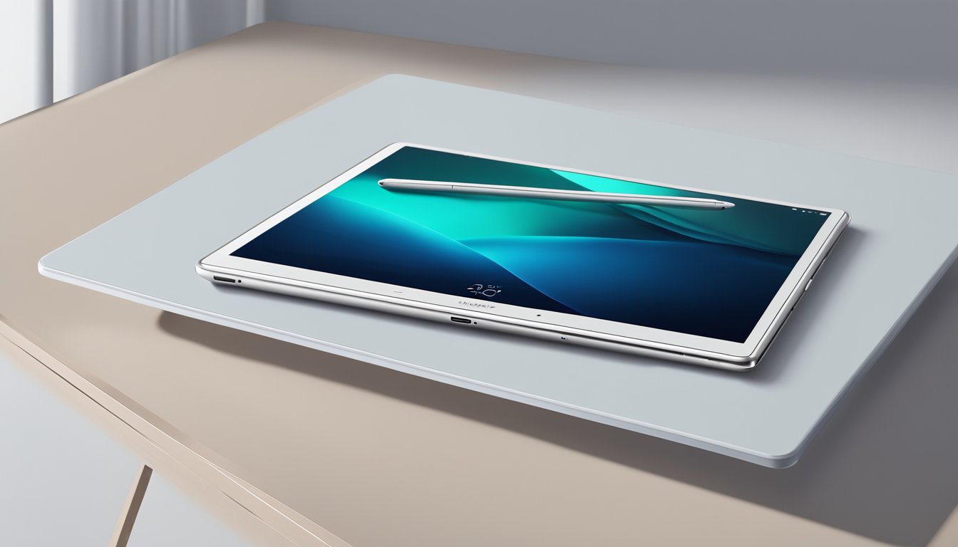 The Huawei MediaPad M5 is shown on a sleek, modern table with a clean, minimalist background. The tablet is positioned at an angle to showcase its slim design and high-resolution screen