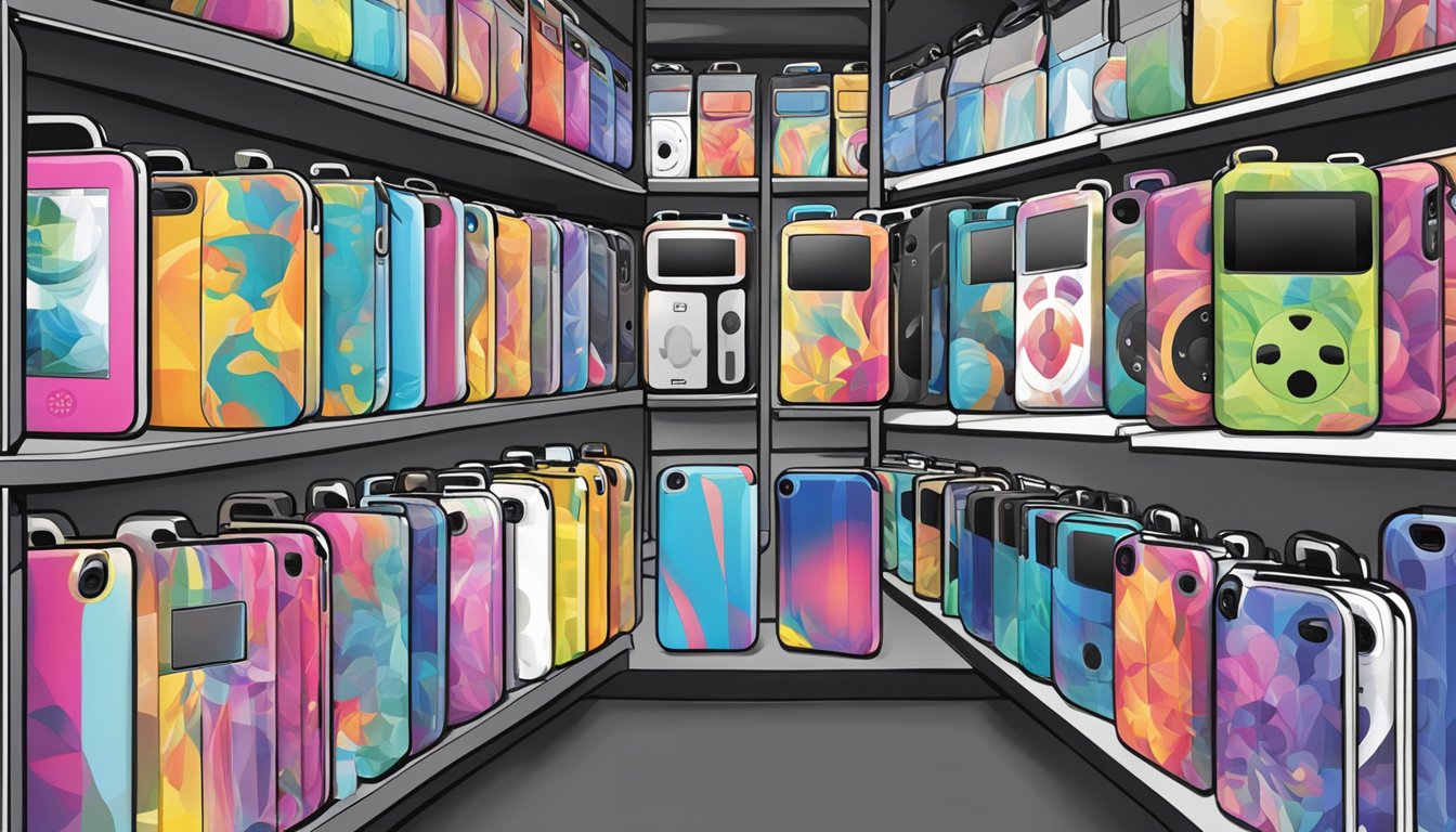 Various iPod Touch cases displayed on shelves, with different colors and designs. A customer browsing through the options, holding one case in hand