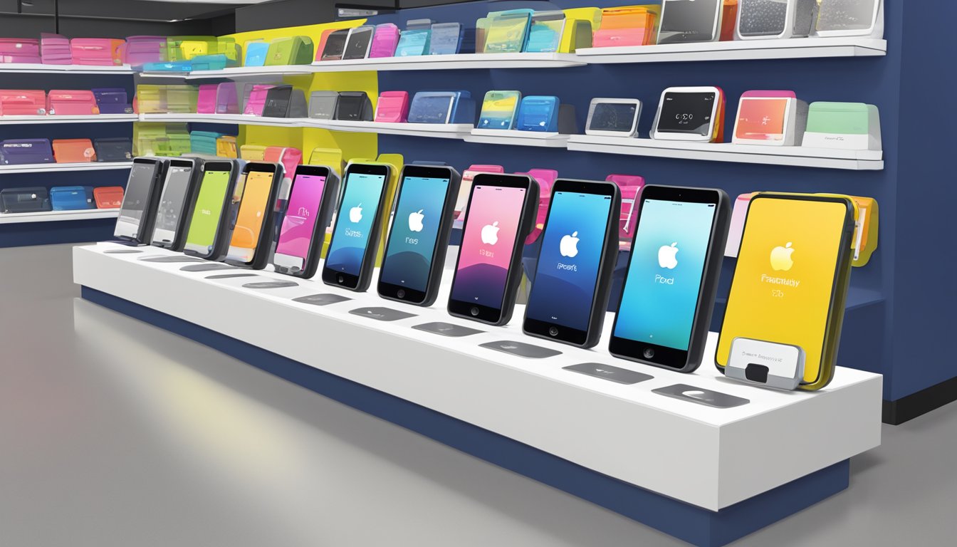 A display of various iPod touch 6th generation cases at a Best Buy store, with a sign indicating "Frequently Asked Questions" above the selection