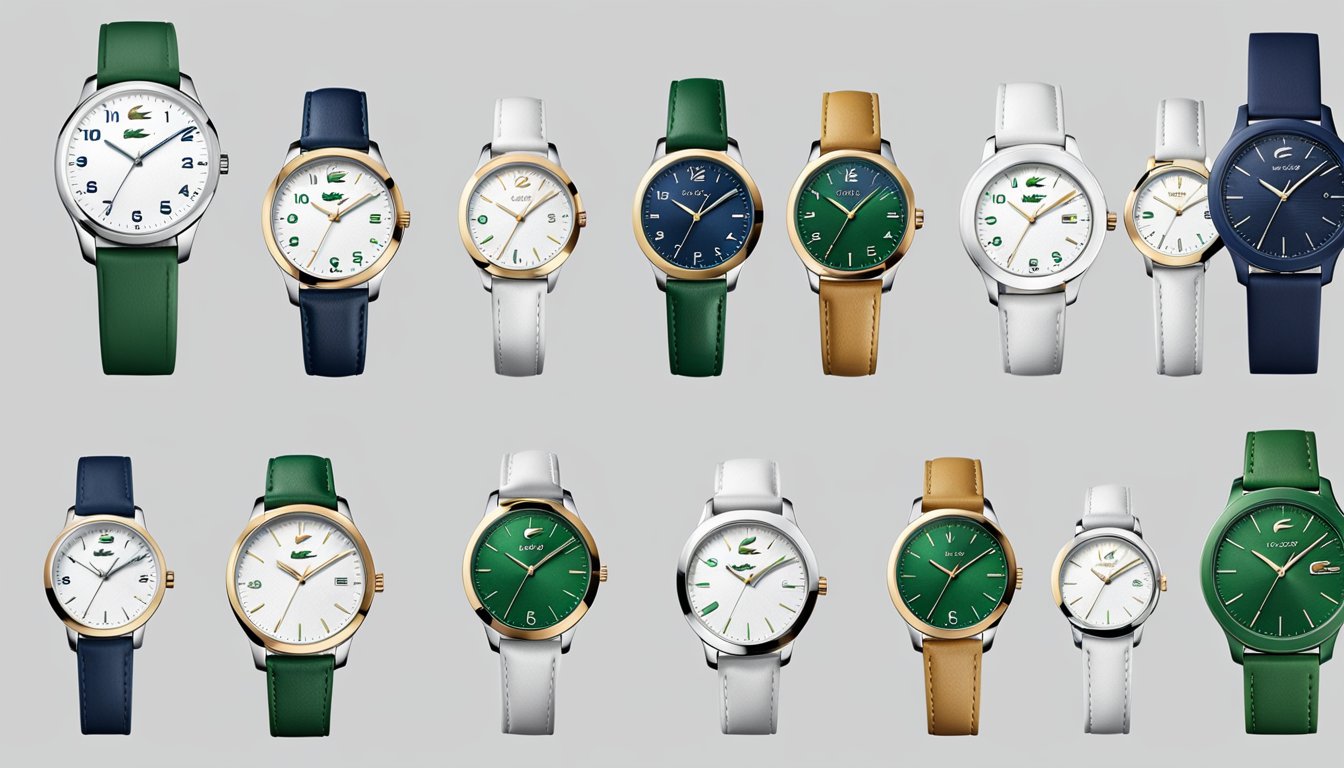 A display of Lacoste watches for men and women, showcasing the sleek design and iconic crocodile logo. Buy Lacoste watches online