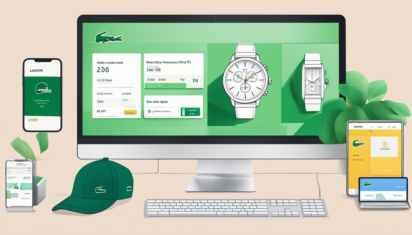 A computer screen displaying the Lacoste website with various watch options. A credit card and shipping address are inputted, and a "buy now" button is clicked