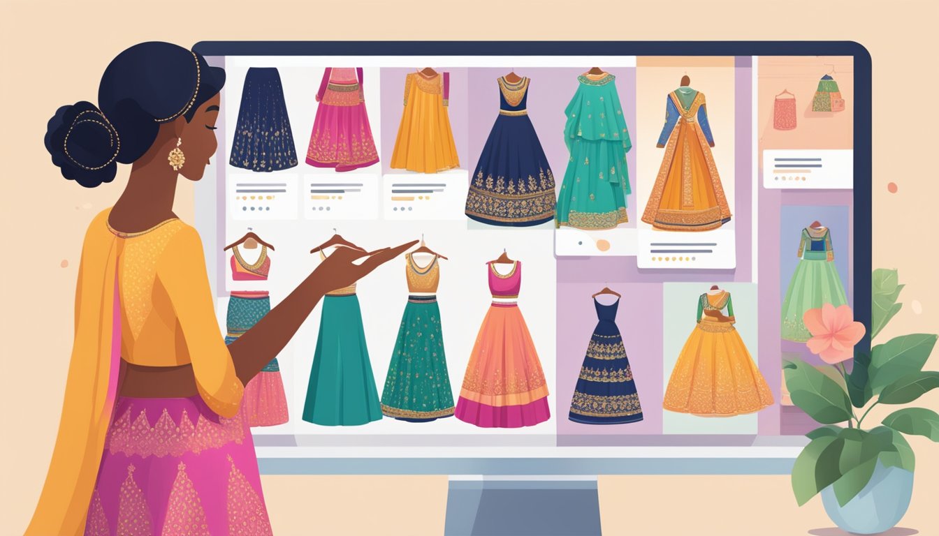 A computer screen displaying a website with various colorful lehengas, a woman's hand clicking on the "add to cart" button
