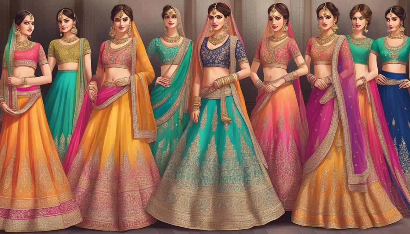 A vibrant display of colorful lehengas, adorned with intricate embroidery and delicate embellishments, arranged in an elegant and inviting fashion