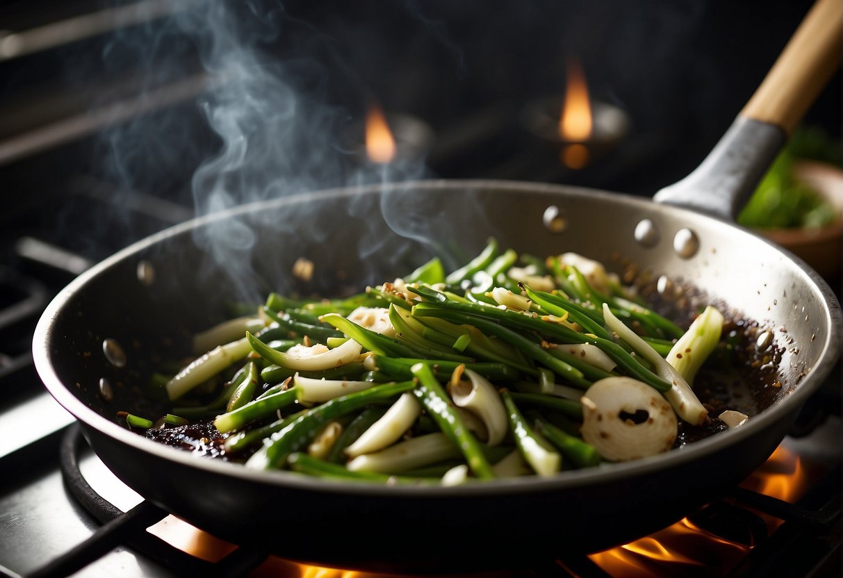 Garlic shoots being stir-fried in a sizzling wok with soy sauce and ginger, creating a fragrant and savory aroma
